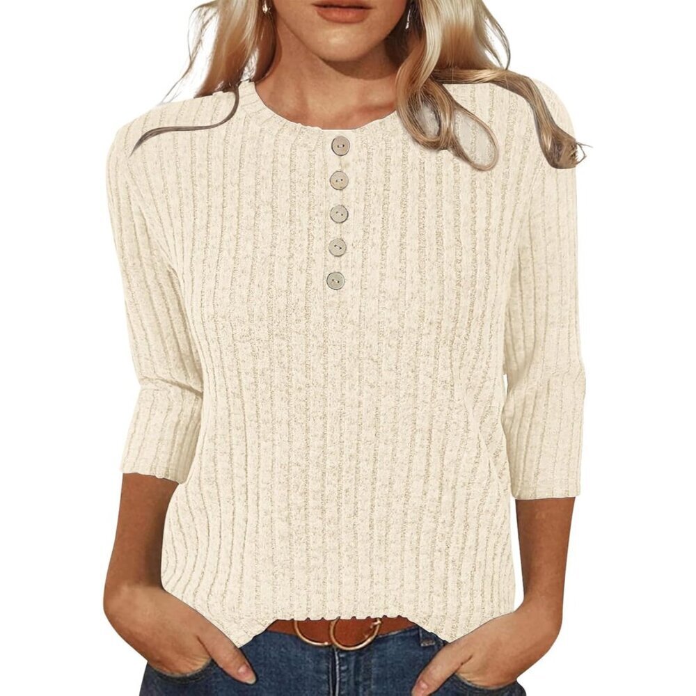 Women Sweater Casual Henley 3/4 Sleeve Tunic Knit Lightweight Fall